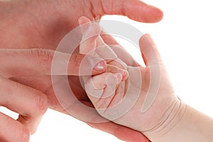 Baby hand in mother hands finger. Mom and her Child. Happy tenderness Family concept. Beautiful conceptual Maternity