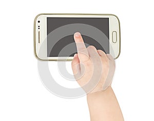 Baby hand pointing white smart phone