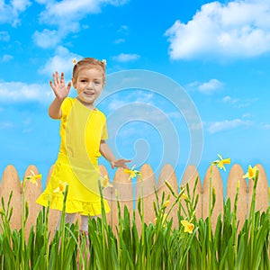 Baby happy flowers garden background waving hello