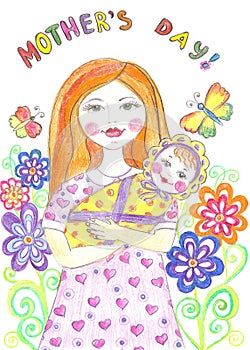 Baby and a happy mother- hand drawn