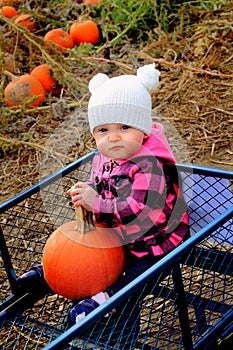 Baby happy in pumpkin patch wagon