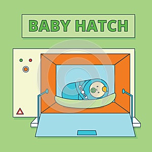 Baby hatch or baby box. Abandoned newborn boy or human male offs