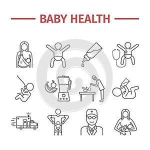 Baby health. Medicine web line icons. Vector signs.