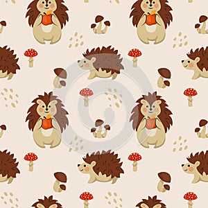 Baby hedgehog, autumn animal pattern. Cute forest woodland, winter and autumn print in scandinavian style. Characters