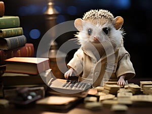 Baby hedgehog librarian scanning small books