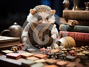 Baby hedgehog librarian scanning small books