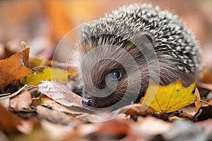 baby hedgehog snuffling its nose in pile of fallen leaves