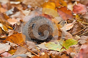 baby hedgehog taking its first steps in a pile of autumn leaves