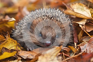 a baby hedgehog, woken from its slumber, stretches and uncurls in a pile of autumn leaves