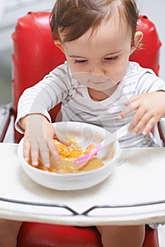 Baby, high chair and eating food in bowl for meal, nutrition or healthy porridge at home. Young, cute and adorable