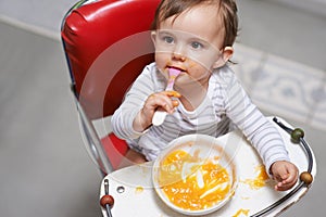 Baby, high chair and food, nutrition and health for childhood development and wellness. Healthy, growth and girl toddler