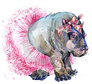 Baby hippo in fashion skirt T-shirt graphics.