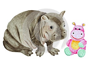 Baby hippo and toy hippopotamus, hand drawn watercolor