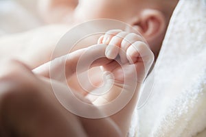 Baby holding a finger of his parent close-up
