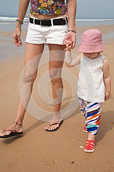 Baby holding hand mom walking at beach