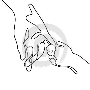 Baby holding little finger of adult hands together