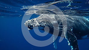 Baby Humpback Whale Calf In Blue Water. Generative Ai