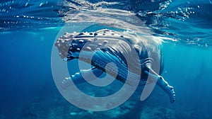 Baby Humpback Whale Calf In Blue Water. Generative Ai