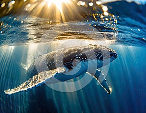 baby humpback whale near surface, tranquil blue ocean, playful moment, luminous water