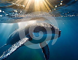 baby humpback whale near surface, tranquil blue ocean, playful moment, luminous water