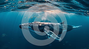 A Baby Humpback Whale Plays Near the Surface in Blue Ocean Sea life in underwater