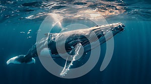 A Baby Humpback Whale Plays Near the Surface in Blue Ocean Sea life in underwater