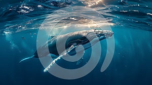 A Baby Humpback Whale Plays Near the Surface in Blue Ocean Sea life in underwater