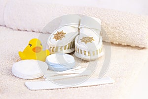 baby hygiene and bath items, shampoo bottle, baby soap, towel