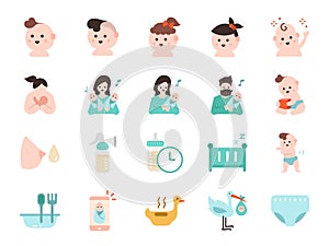 Baby icon set. Included icons as newborn, infant, kid, children, parent and more.