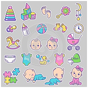 Baby icon set. Little babies and objects isolated