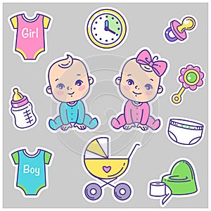 Baby icon set. Little babies and objects isolated