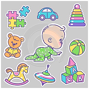 Baby icon set. Little babies and objects isolated