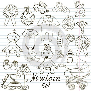 Baby icons, toys, clothes and cradle, hand drawn sketch vector illustration