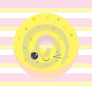 Baby illustration with cute yellow donut on pink and yellow stripes background