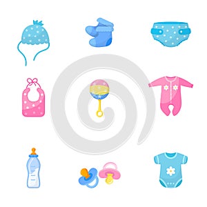 Baby items flat vector illustrations set