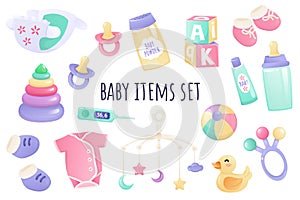 Baby items icon set in realistic 3d design.
