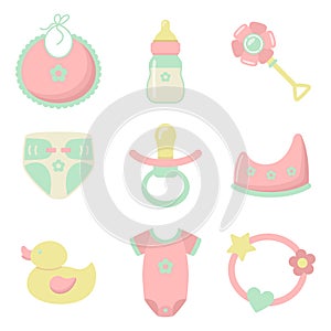Baby items set. Simple cute flat icons for baby goods design. Bib. Bottle of milk. Rattle in shape of flower. Diapers