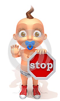 Baby Jake with a stop sign 3d illustration