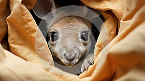 a baby kangaroo peeks out from under a yellow blanket. generative ai