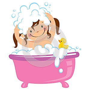 Baby kid girl bathing in bath tub and washing hair