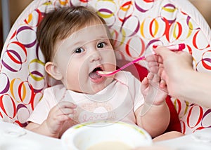 Baby kid girl eating food with mother help