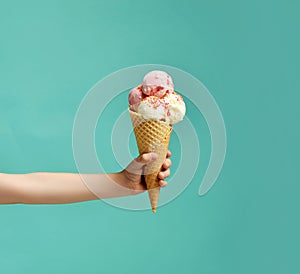 Baby kid hand holding big ice-cream in waffles cone on blue