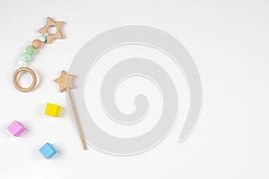 Baby kids toys frame on white background. Top view. Flat lay. Copy space for text