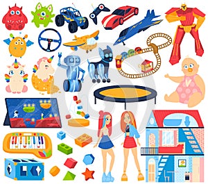 Baby, kids toys for game icon set of isolated vector illustrations. Train, horse, whirligig, toy house, dall and duck
