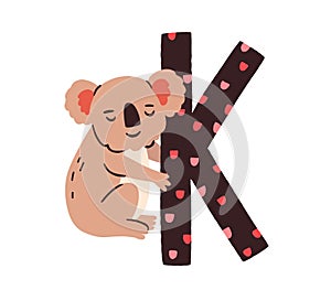 Baby koala bear hugging letter K of childish English alphabet in Scandinavian style. Cute kids animal for fun language