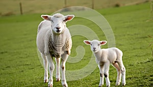 Baby lamb and mom in a green pasture