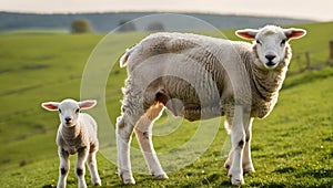 Baby lamb and mom in a green pasture