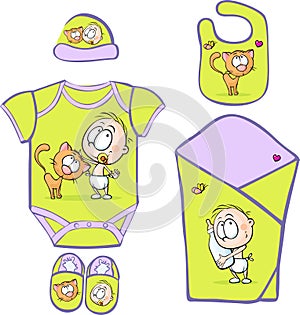 Baby Layette with cute baby and cat - photo