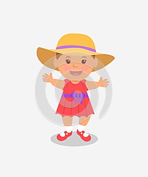 Baby learns to walk. girl in a pink dress and panama on a light background