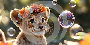 A Baby Lion Cub Wearing a Flower Crown Playing in a Field for Whimsical Cute or Fantasy Design Projects photo